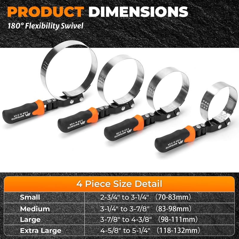 MateAuto Oil Filter Wrench Set, 8 Piece Adjustable Oil Filter Wrenches 2-3/4" to 5-1/4", 9" & 12" Universal Oil Filter Removal Tool with 1/2" to 3/8" Adapter, Organized in Storage Case (8-Piece Set) - Image 2